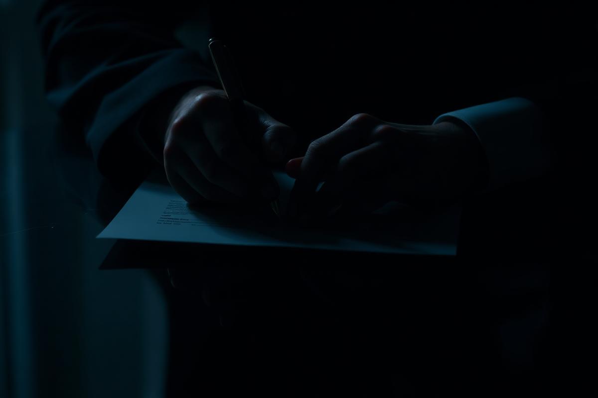 Hands signing a contract on a dark table
